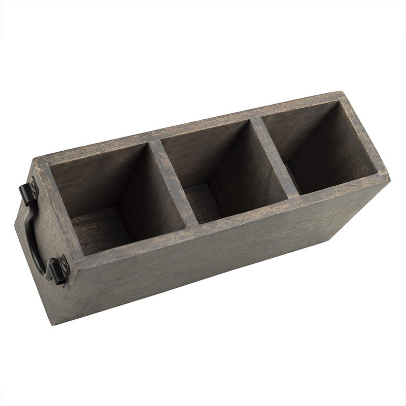 GoCraft 3 Compartment Flatware Caddy, Cutlery Utensil Holder, Organizer Caddy Box For Cooking, Silverware, Flatware, Sauce Spoon, Tongs, and More, Grey Washed Mango Wood Caddy with Metal Handles - Image 2